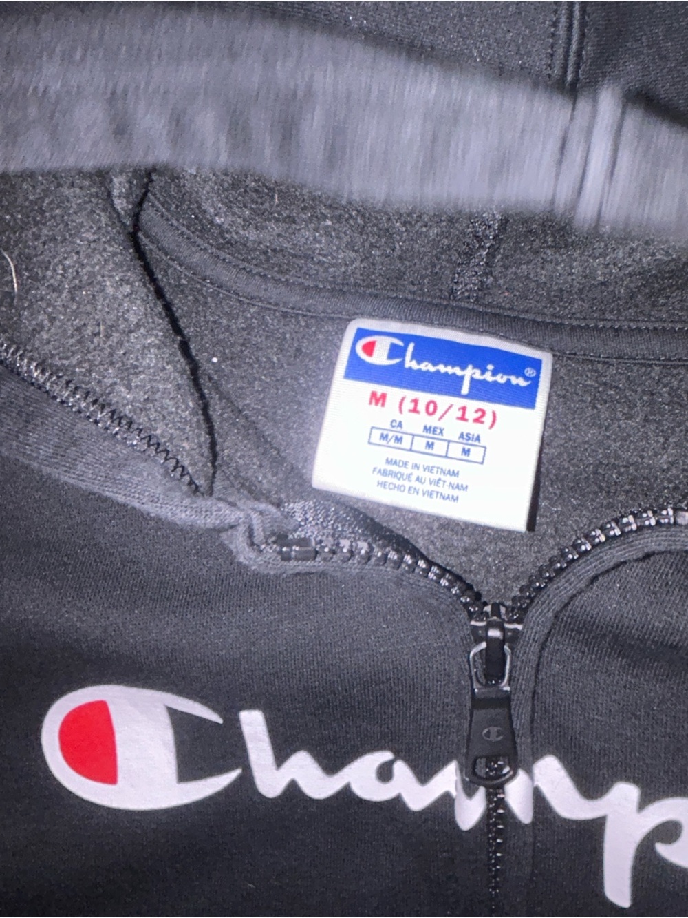 Champion Black Kids Zip Hoodie with White Script and Red Logo Accent